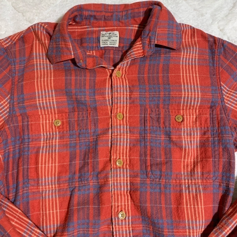 J Crew Flannel Red Blue Stripes Size Small - Picture 2 of 7